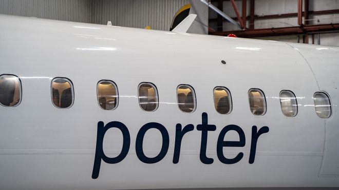 A Porter Airlines plane with logo.