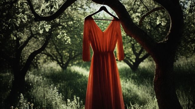 Illustration of a red dress hanging from a hanger on a tree in a meadow.