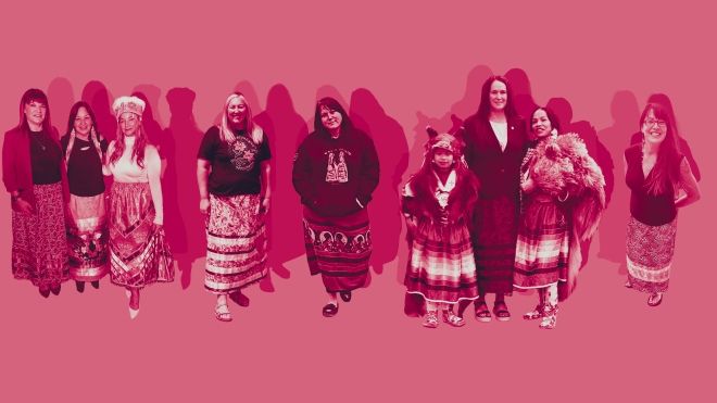 Various cut-out photos of women and girls wearing ribbon skirts. The image has a red filter applied