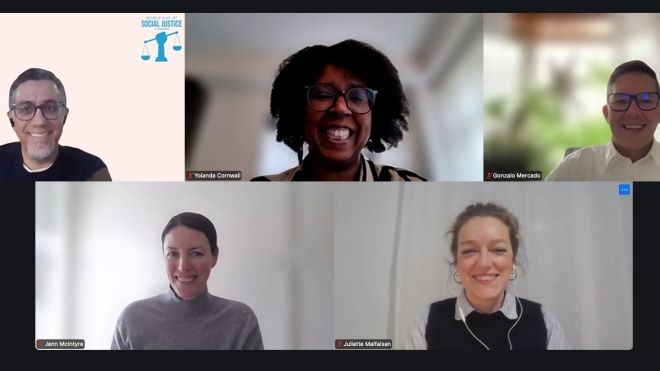 Screen grab of five people on Zoom.