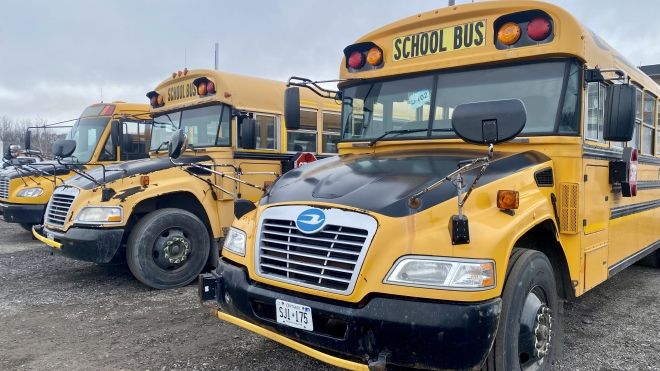 A row of parked school busses