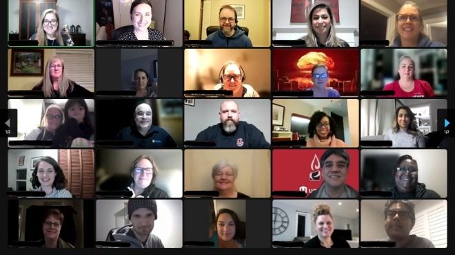 Video conference screenshot showing dozens of Unifor members smiling, ready to organize and take action.