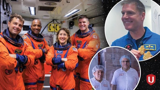 the crew of Artemis II and a clip of two Unifor members in white chef jackets 
