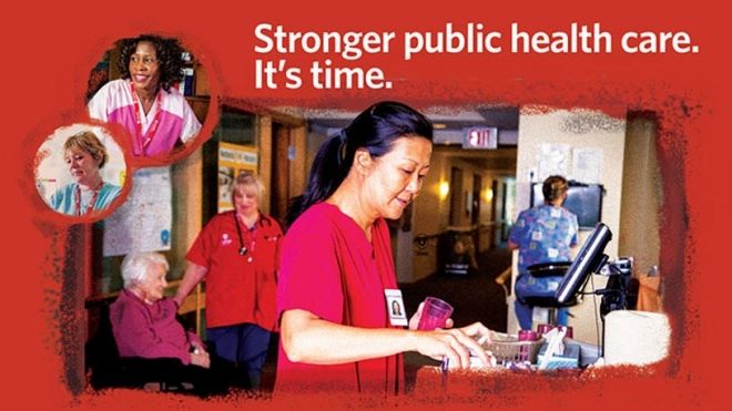 A graphic showing several health care workers on the job reads "Stronger public health care. It's time."