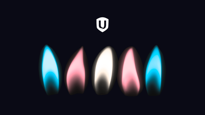 blue, pink and white candle flames and a white Unifor shield 