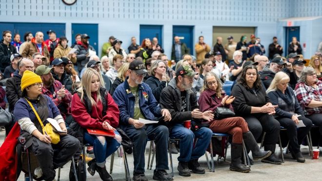 Union members seated at the Unifor local 222 hall. 