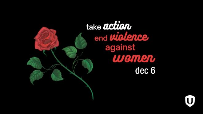 A rose sits next to the text "Take action to end violence against women - December 6"