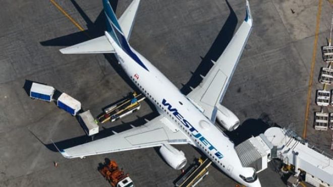 A bird's eye view of a WestJet airplane.