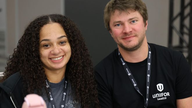 A women and man smiling