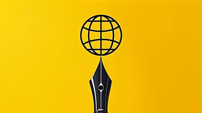 yellow background with a globe a top of a black calligraphy pen 