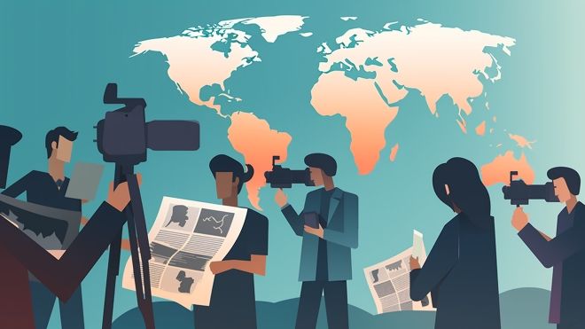 World News Day illustration of a world map and journalists
