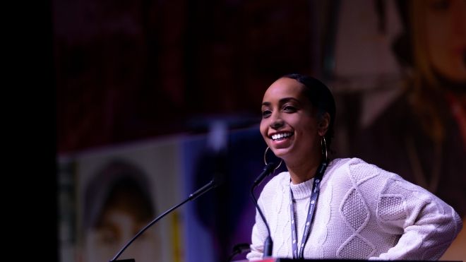 Samia Hashi speaking at poduim