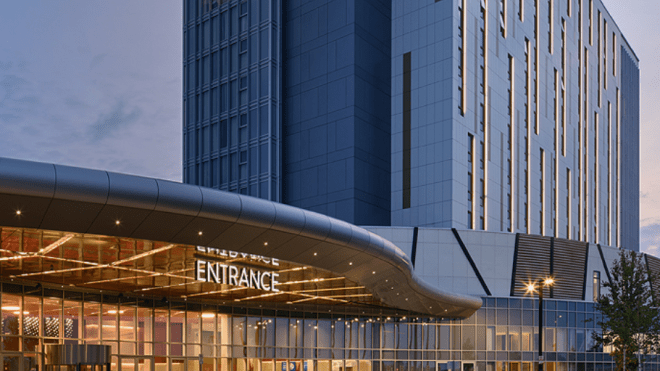 Photo of the exterior of a casino at twilight