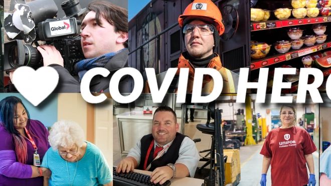 Montage of Unifor health care members text reads I love COVID heros