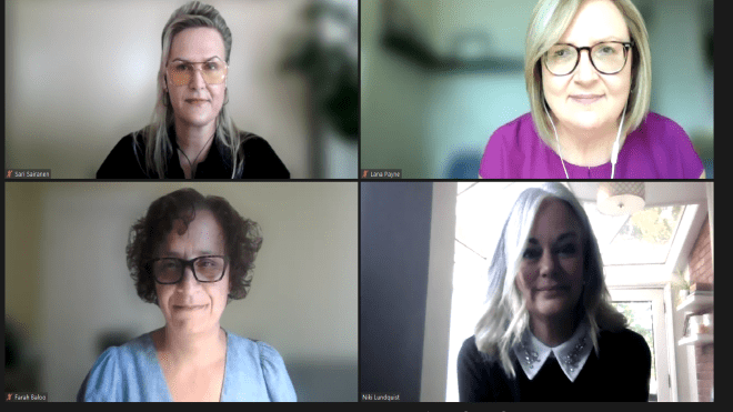 Four Zoom screens showing Unifor’s Sari Sairanen, Lana Payne, Farah Baloo and Niki Lundquist.