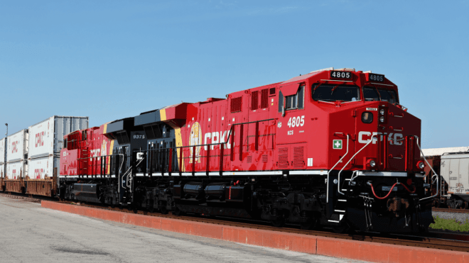 CPKC locomotive on the track