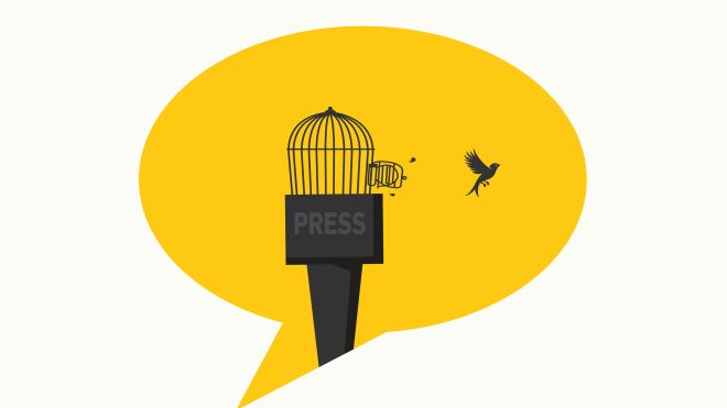 A mic shaped like a bird cage with a door open and bird flys away, inside a yellow quote
