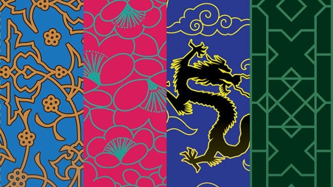 multi colour banner with a black dragon 