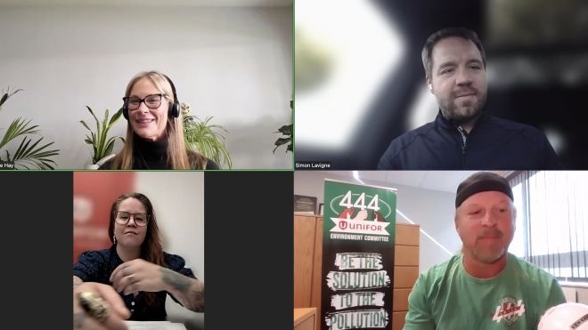 Four people on a zoom screen grab