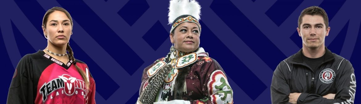 Two indigenous athletes stand either side of a performer in traditional ragalia.