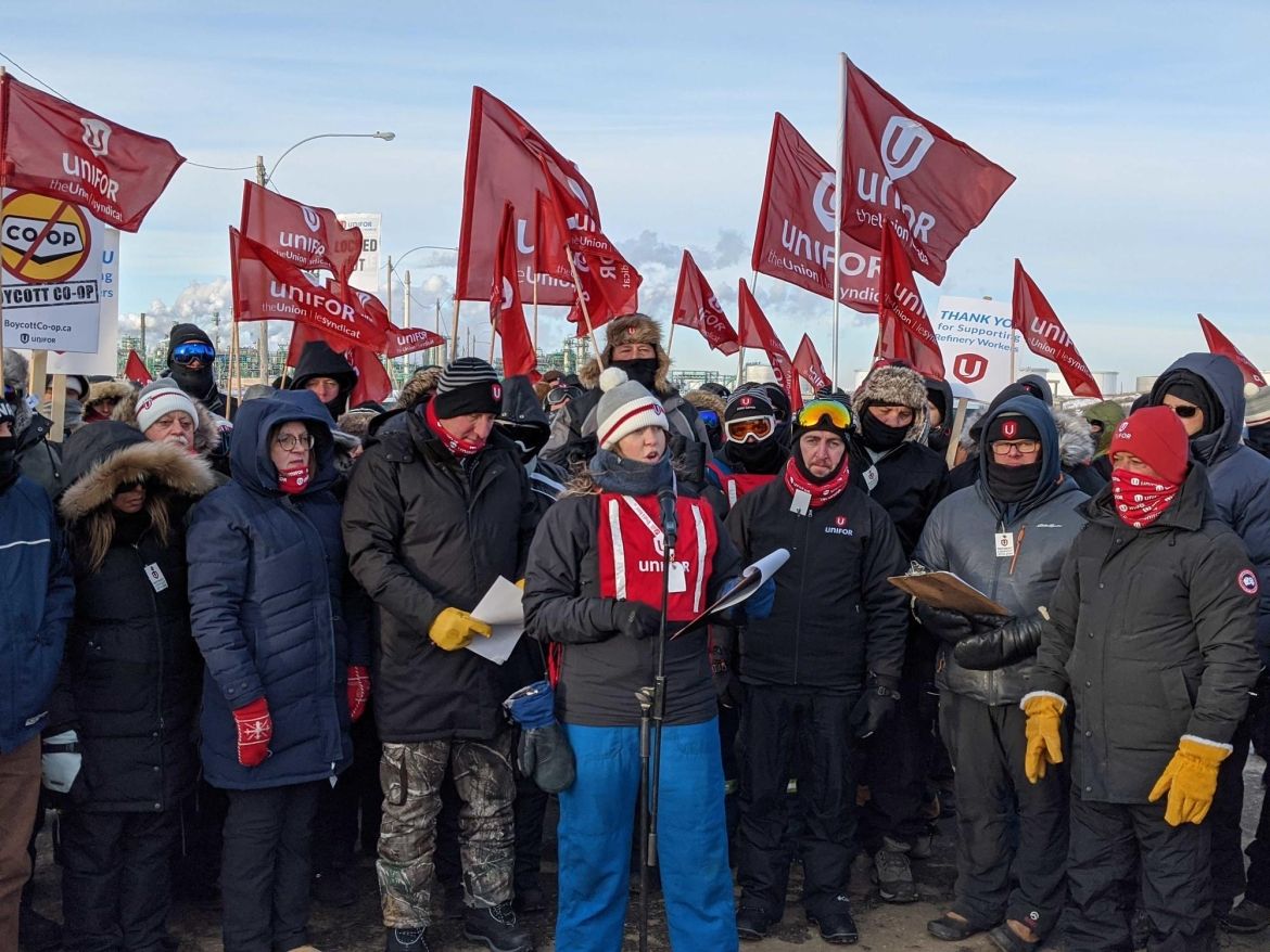 Unifor members from across Canada helped to bolster the picket lines at the Co-op Refinery lock-out.