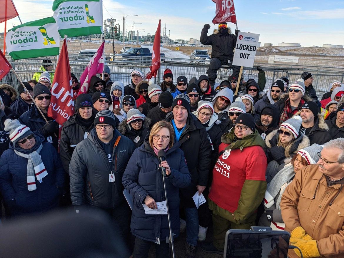 Unifor National Secretary Treasurer Lana Payne speaks to reinforced picket lines at the Co-op Refinery lock-out.