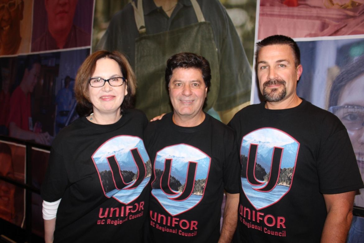 Joie Warnock, Jerry Dias and Ben Williams in matching Unifor BC regional council t-shirts.