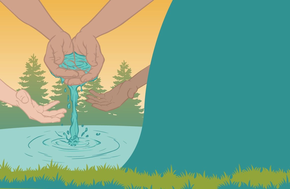 Un graphique montre une paire de mains qui soulèvent l'eau d'un lac tandis que deux autres mains s'emparent de l'eau tombée de la première paire.