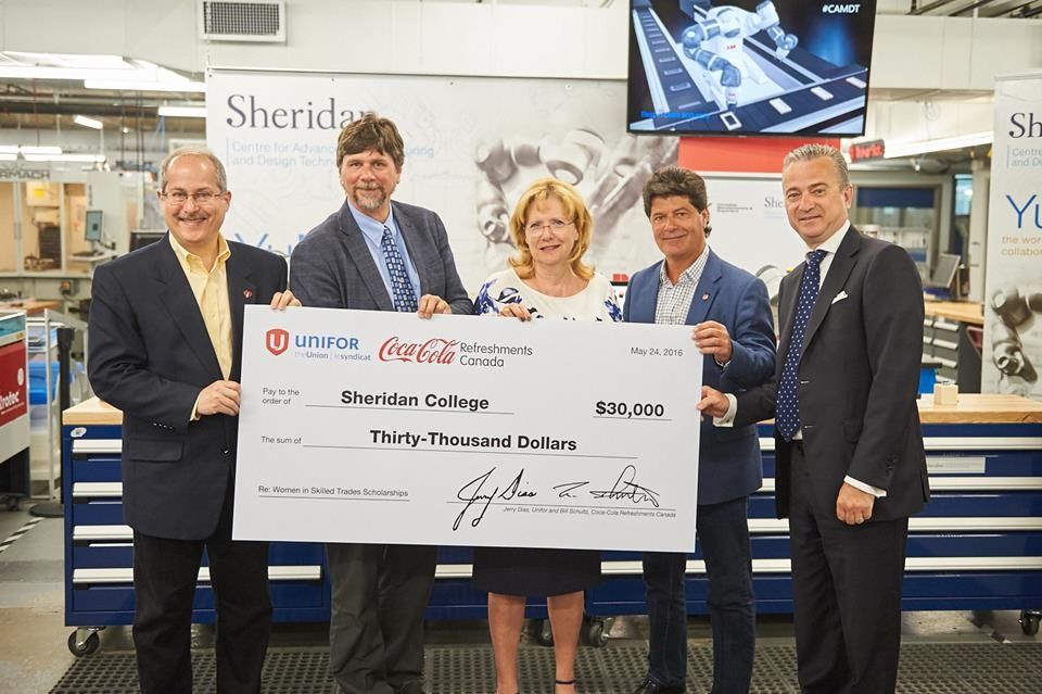 Bill Schultz, President, Coca-Cola Refreshments Canada; Jeff Bowman, City Councillor; Mayor Linda Jeffrey; Jerry Dias, National President, Unifor; and Dr. Jeff Zabudsky, President and Vice Chancellor