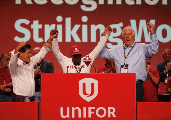 National President Jerry Dias, Quebec Regional Council Director Lionel Ngoket and Quebec Director Renaud Gagné