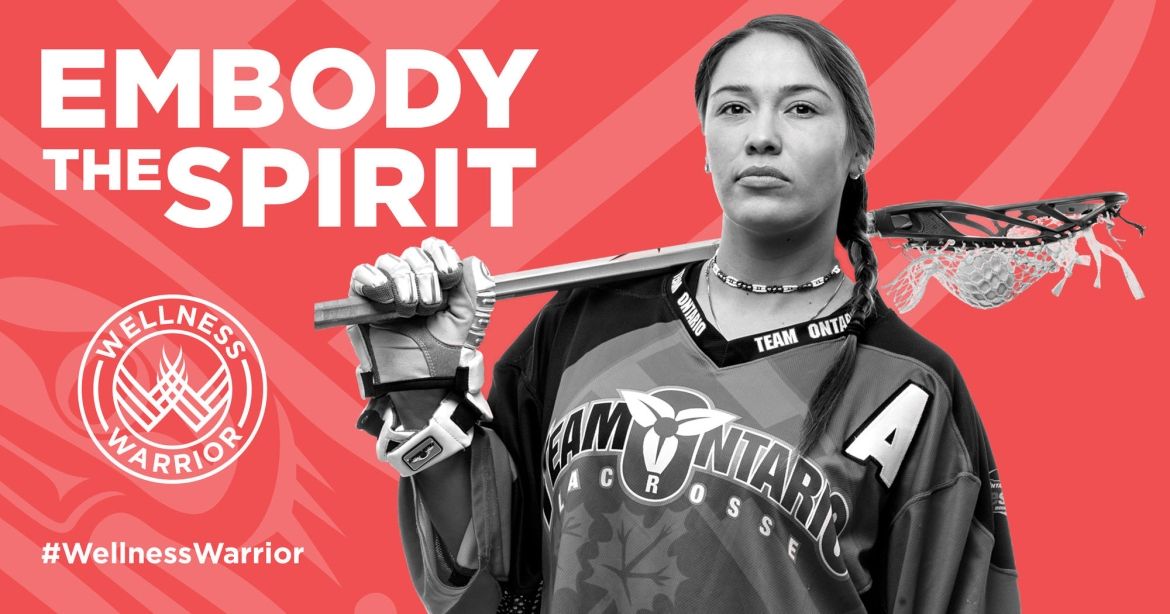 A lacrosse player in a Team Ontario jersey next to the words "Embody the spirit. Wellness Warrior"