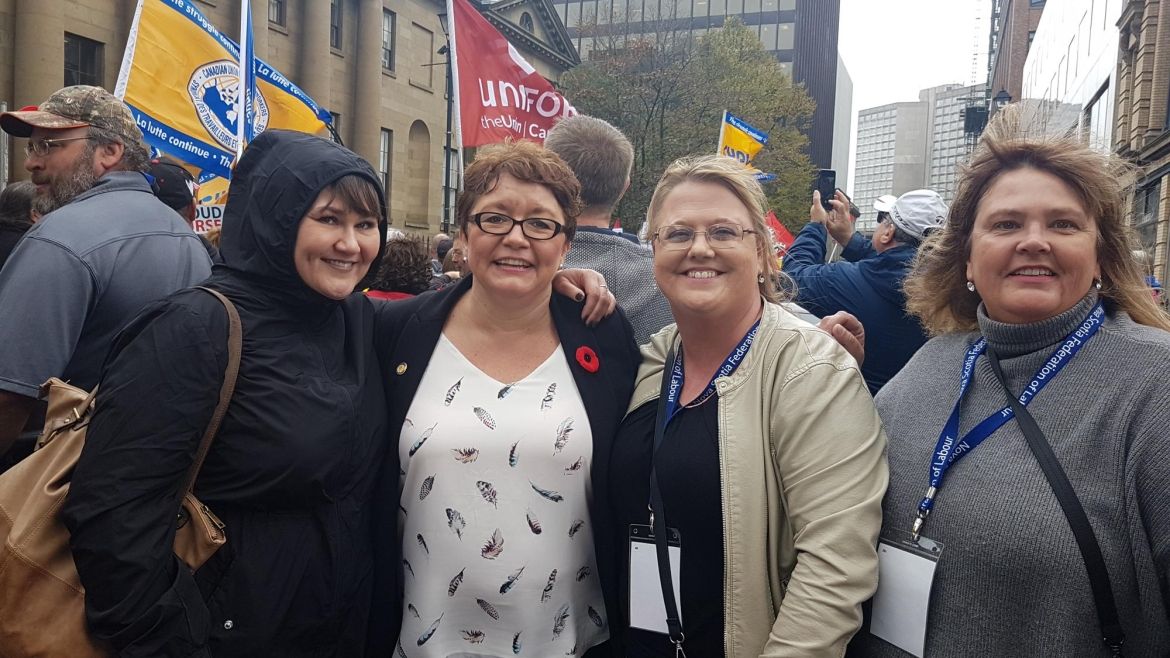 Linda MacNeil and Unifor members at a rally in front of Province House in Halifax.