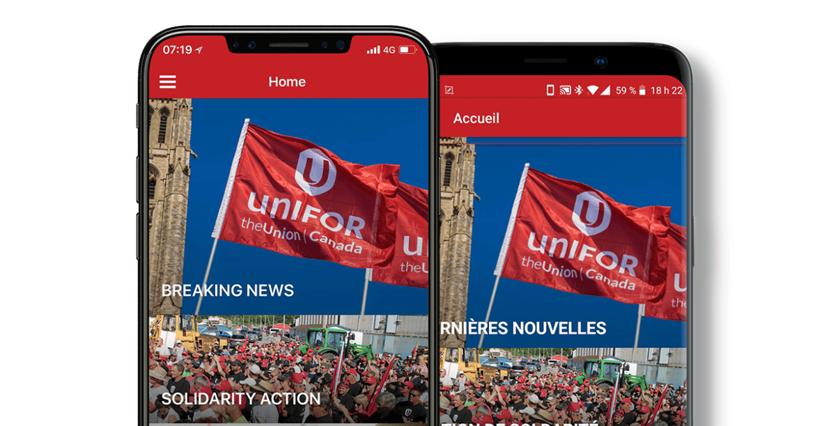 Two smart phones displaying the home page of the Unifor app in English and French.