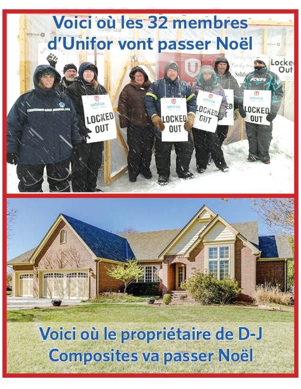 Un graphique intitulé &quot;Voici où les 32 membres d’Unifor vont passer Noël&quot; montre des membres de la section 597 sur un piquet de grève enneigé. En dessous, un graphique représentant une grande maison avec une pelouse verte indique &quot;Voici où le propriétaire de D-J Composites va passer Noël&quot;.