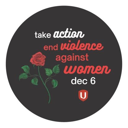 A single rose next to the words "take action to end violence against women December 6" with the Unifor logo.