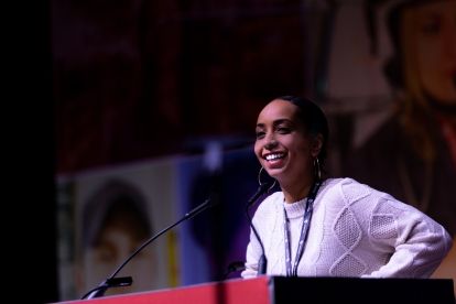 Samia Hashi speaking at poduim