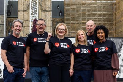 Unifor leadership in black Unifor Protect Canadian Jobs t-shirts