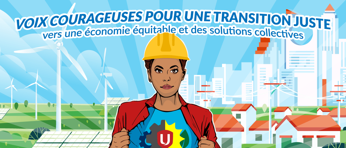 illustration d'une super-héroïne portant un casque de chantier, avec un parc éolien et une ville solaire en arrière-plan