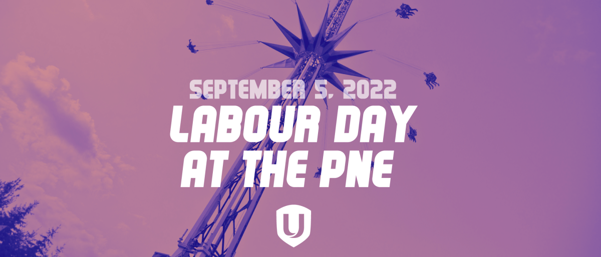 September 5 Labour Day at the PNE text over a photo of a carnival ride with a lilac coloured filter applied