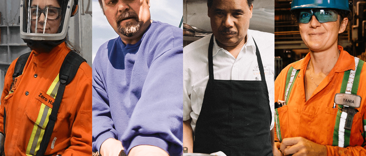 A montage of four worker portraits