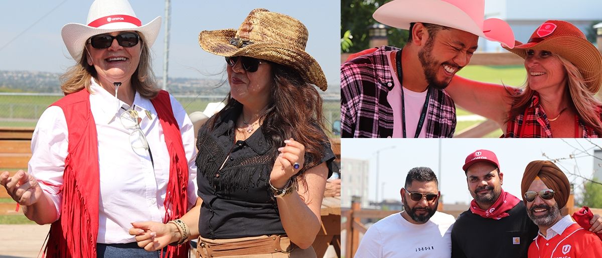 Photo collage of people smiling and some wear cowboy hats