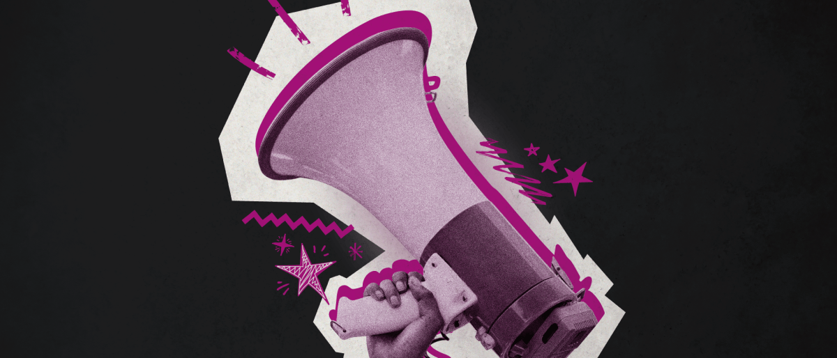 Illistration in pink of a hand holding mega phone on a black background