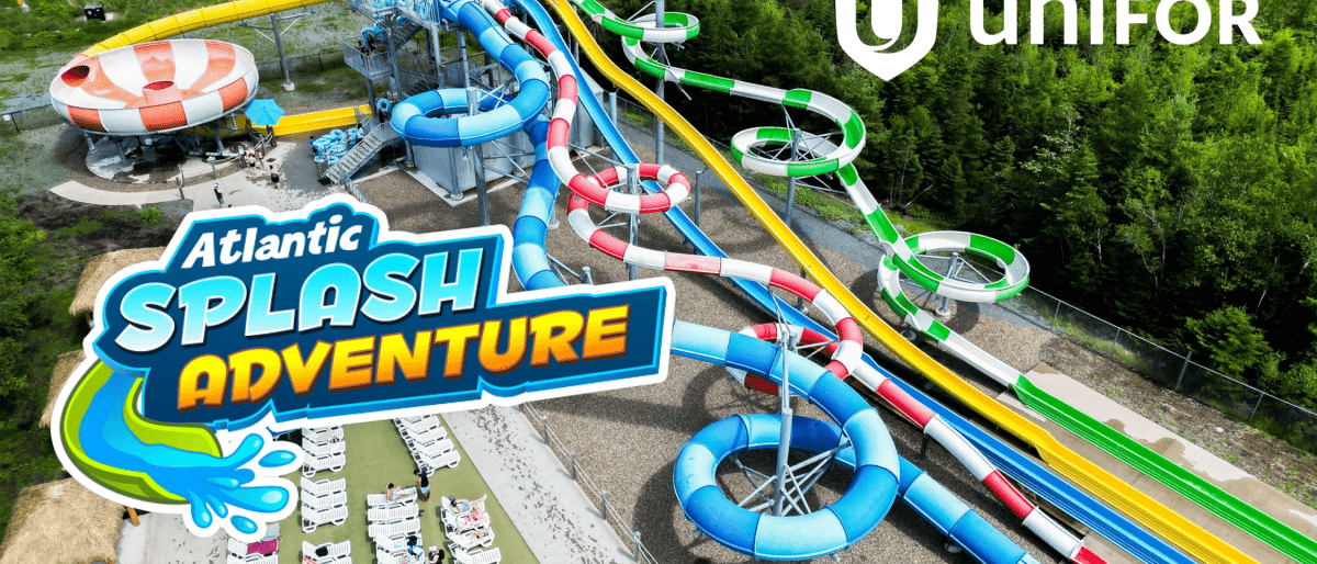 An aerial view of waterslides with the Atlantic Splash Adventure and Unifor logos 