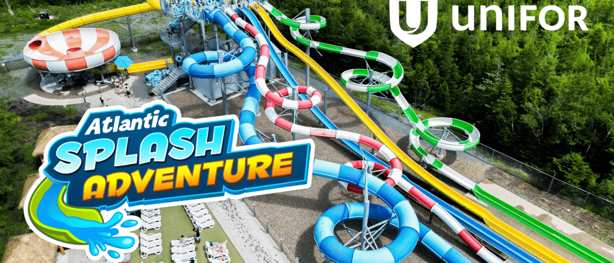 An aerial view of waterslides with the Atlantic Splash Adventure and Unifor logos 