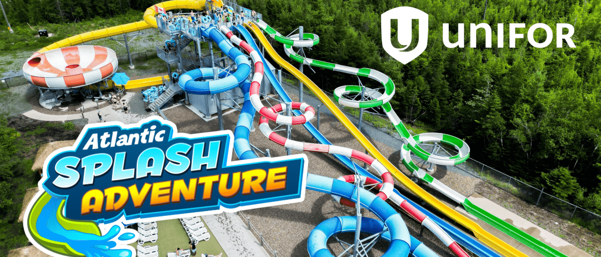 An aerial view of waterslides with the Atlantic Splash Adventure and Unifor logos 