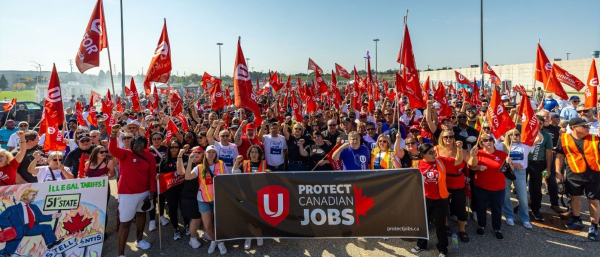Unifor Protect Canadian Jobs rally outside Stellantis Brampton Assembly Plant