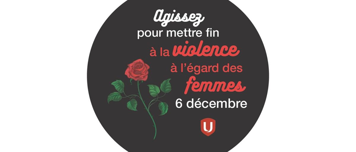 Un cercle noir avec une seule rose et le texte "agissez pour mettre fin à la violence à l'égard des femmes 6 décembre" et le logo d'Unifor