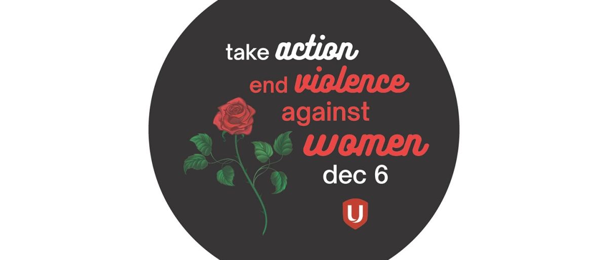 A black circle containing a single rose and the text "Take action to end violence against women" and the Unifor logo