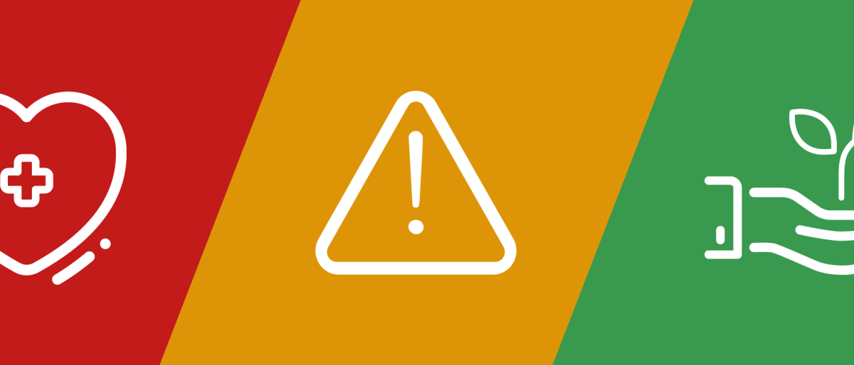 The white outline of a heart on a red background, next to a the outline of a caution sign on a yellow background and a hand holding a sprouting plant on a green background.