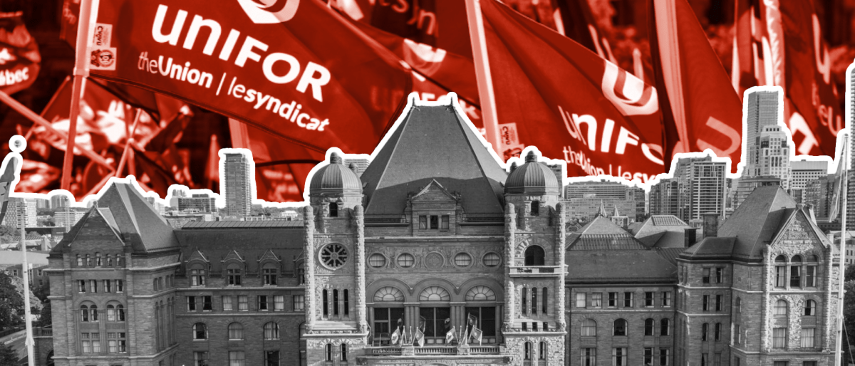 A black and white image of Queen's Park with Unifor flags added to the background.